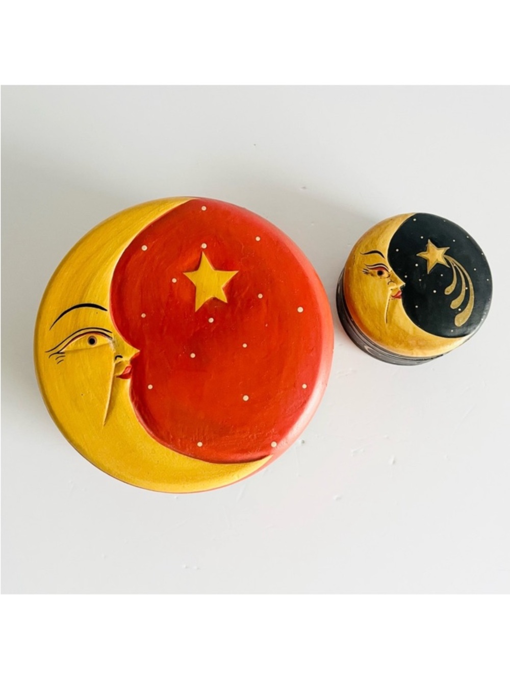 Vintage 90s Celestial Moon Face Wood Trinket Box Set